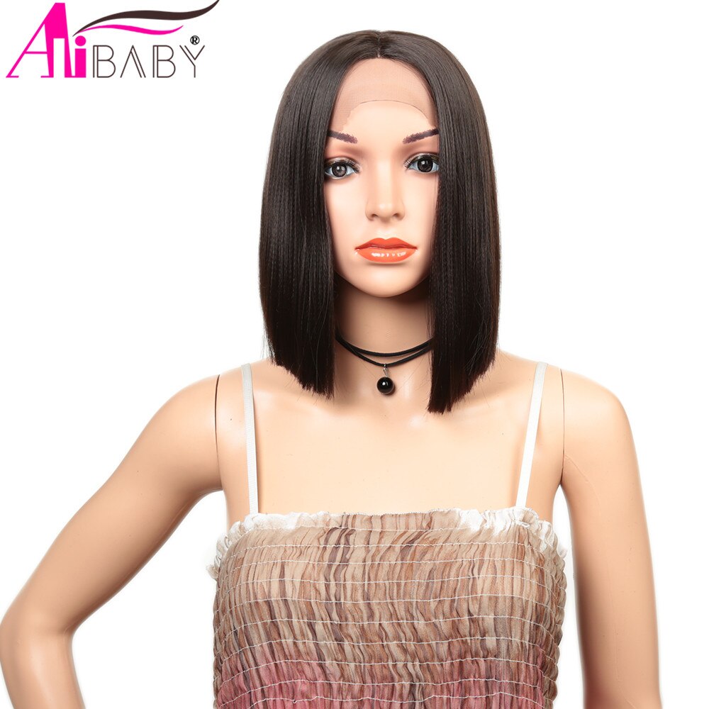 Caschetto corto Dei Capelli Nero Sintetico Parrucca Anteriore Del Merletto Parte Centrale Resistente Al Calore Marrone Medio Parrucche Diritte per le Donne 12 pollici alibaby