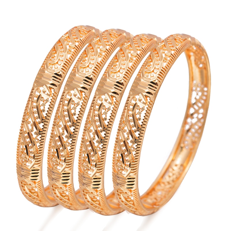 Wando 4Pcs African Dubai Gold Color Bangles Women Style Stripe Wedding Bride Bangle Bracelet Flower Bangle Jewelry Bracelet