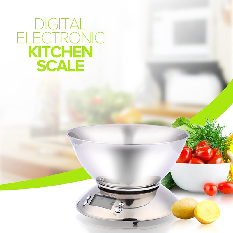 Rustfrit stål køkkenvægt 5kg/1g elektronisk skala køkken madbalance køkken præcision digital skala med skål kogeværktøj
