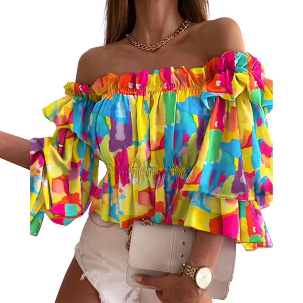 Sexet sommertop med flare-ærmer og off-shoulder-fløjlsskjorte med blomsterprint og let skjorte til hverdagsbrug: 1 / Sort