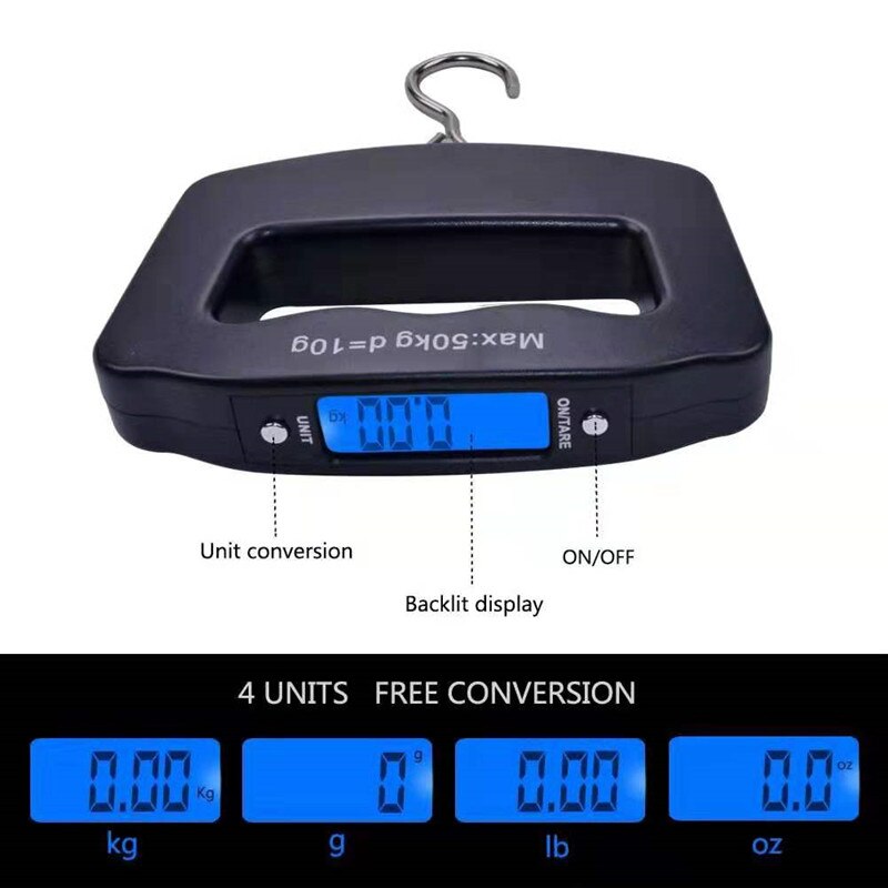 Draagbare Mini Hangende Schaal 50Kg 10G Elektronische Weging Bagage Weegschaal Vis Haak Digitale Schaal Blauwe Display Balans