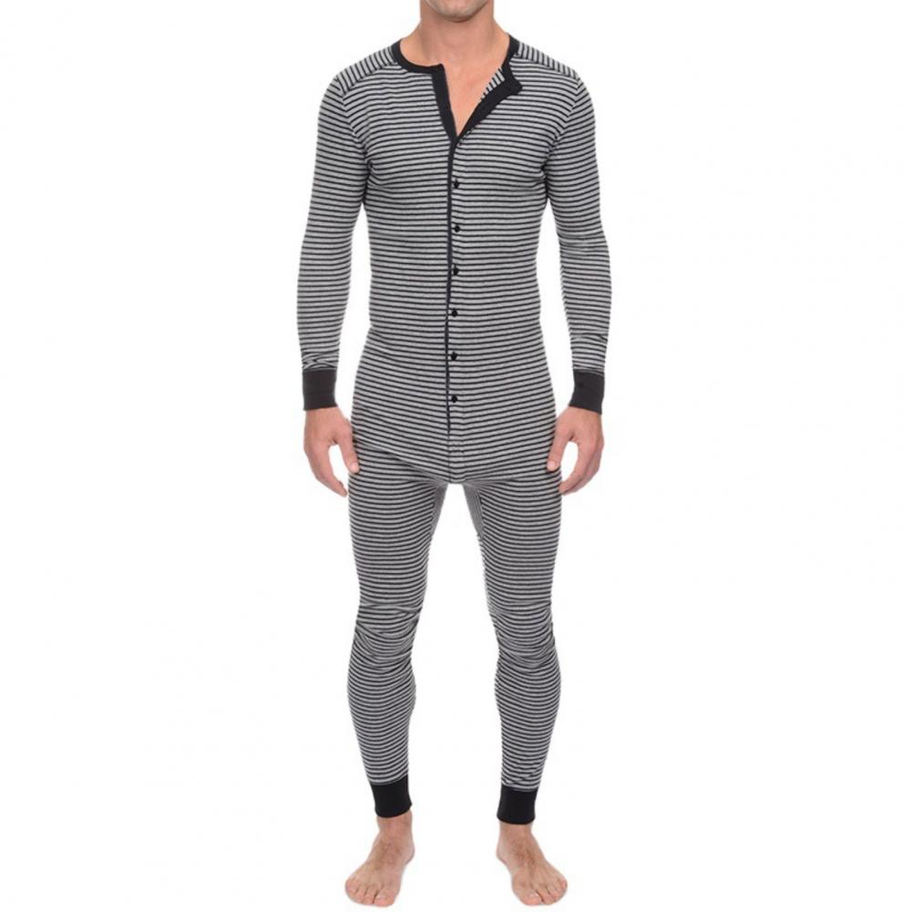 Horizontale Gestreepte Een-Sies Voor Volwassenen Mannen Lange Mouw O Hals Nachtkleding Jumpsuits Mannen Romper Lange Algehele Homewear Mens een-Sies