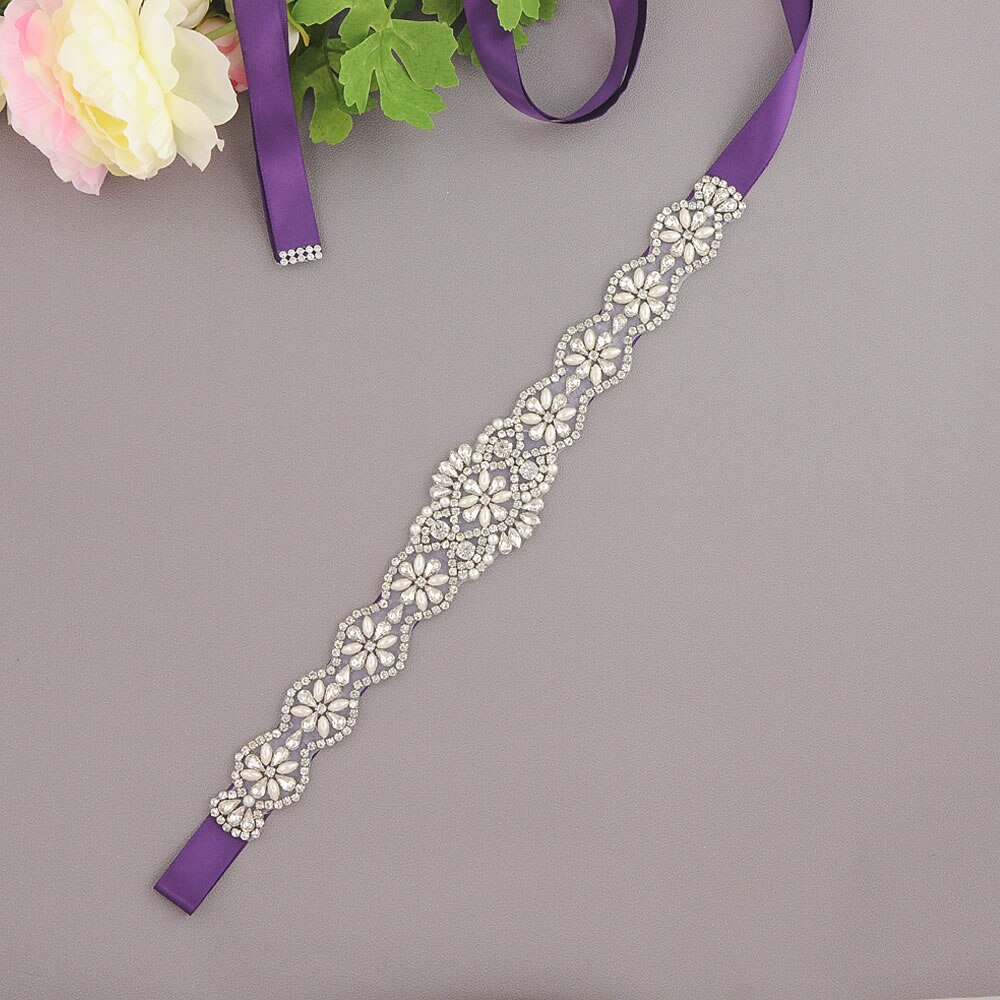 S161-S Luxe Bruid Jurk Riemen Met Strass Bruids Bruiloft Accessoires Riem Voor Vrouwen Trouwjurk Parel Riem Formele Riemen: Purple