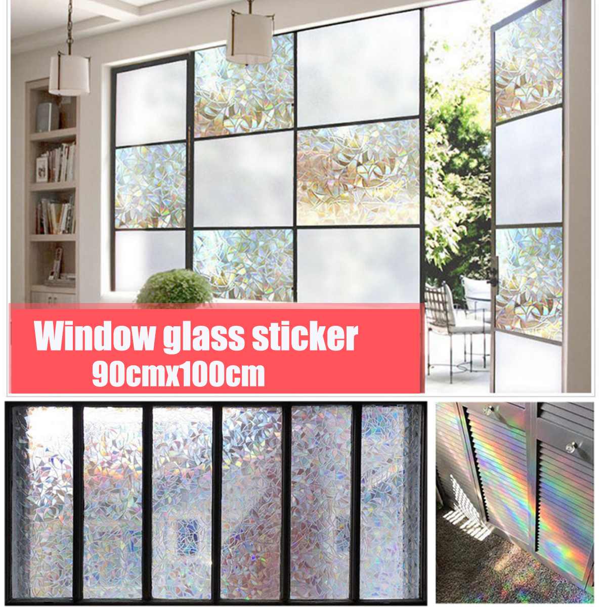 3D Decorative Window Privacy Film Stained Glass Window Sticker Self-adhesive Vinyl Static Anti Rainbow Glass Tint Film: 90cm