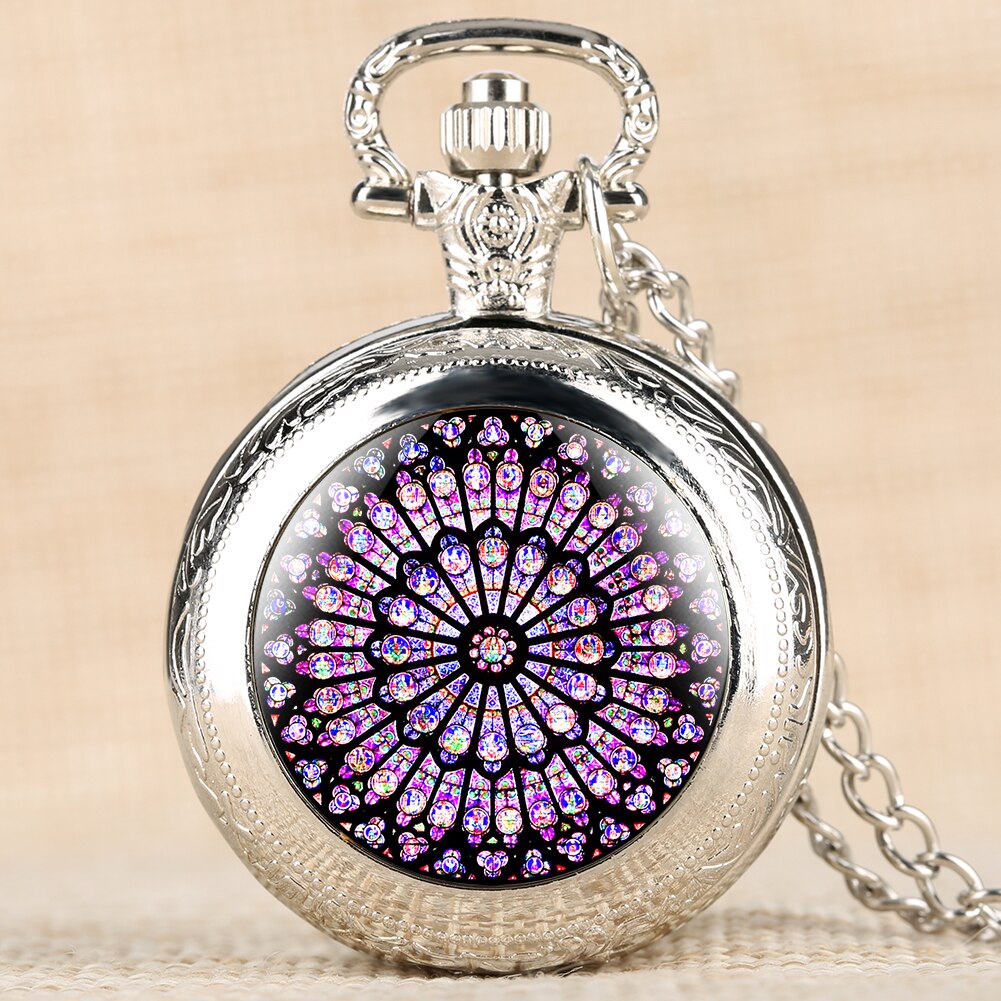 Montre De poche en vitrail Rose, magnifique collier pendentif De la chapelle Notre-Dame De Paris, Souvenir: silver