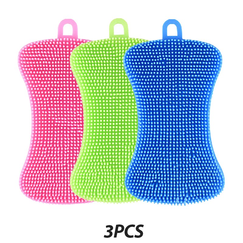 3PCS Silicone Dish Washing Brush Pot Pan Sponge Scrubber Silicone Scouring Pad Fruit Pot Pan Wash Brushes Kitchen Cleaning Tool: 3pcs-H