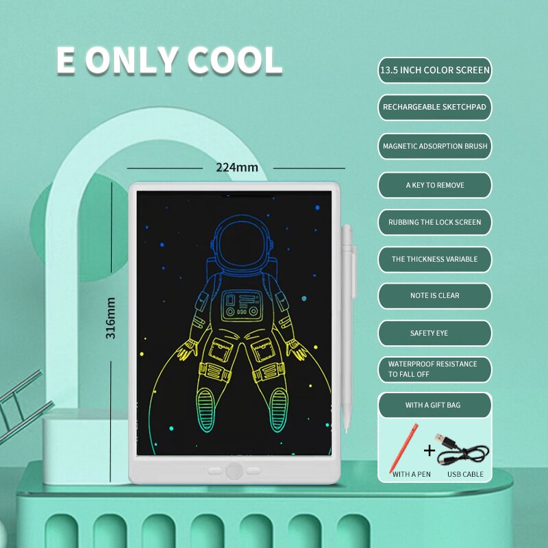 Rechargeable Graphics Tablet 13.5-Inch LCD Eye Protection Screen Anti Graphics Tablet Lightweight Portable Graphics Tablet: 13.5inch color white