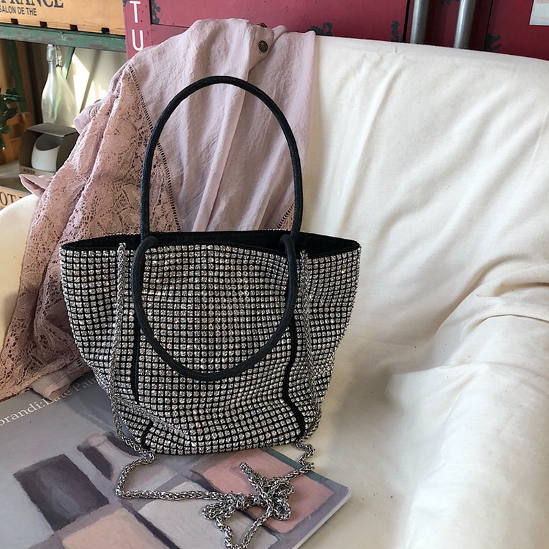Handtas met strass-steentjes, diagonale ketting, bling, vrouwelijk, modieuze tas, avondtas, feesttas, vol met diamanten, zilveren kralen