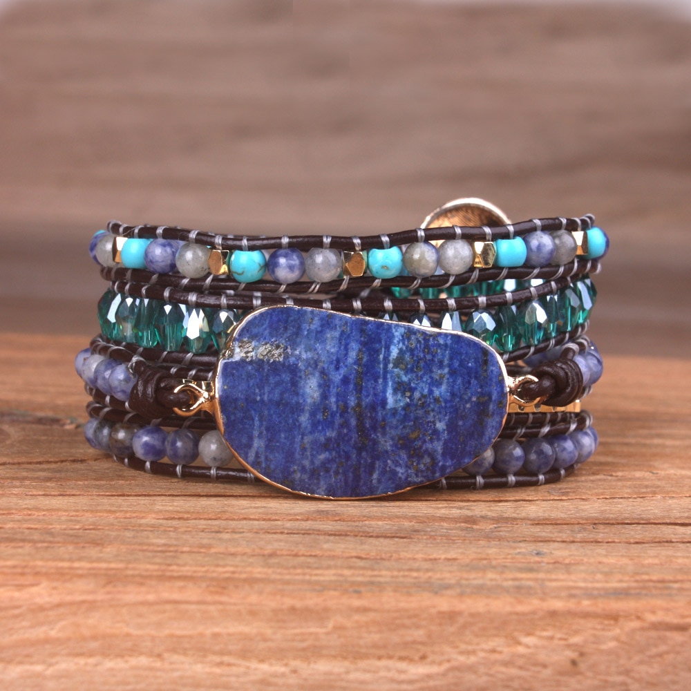 Vrouwen Multilayer Armband Unieke Gemengde Natuurlijke Lapis Lazuli Charme 5X Wrap Armbanden Handgemaakte Boho Stijl Armband
