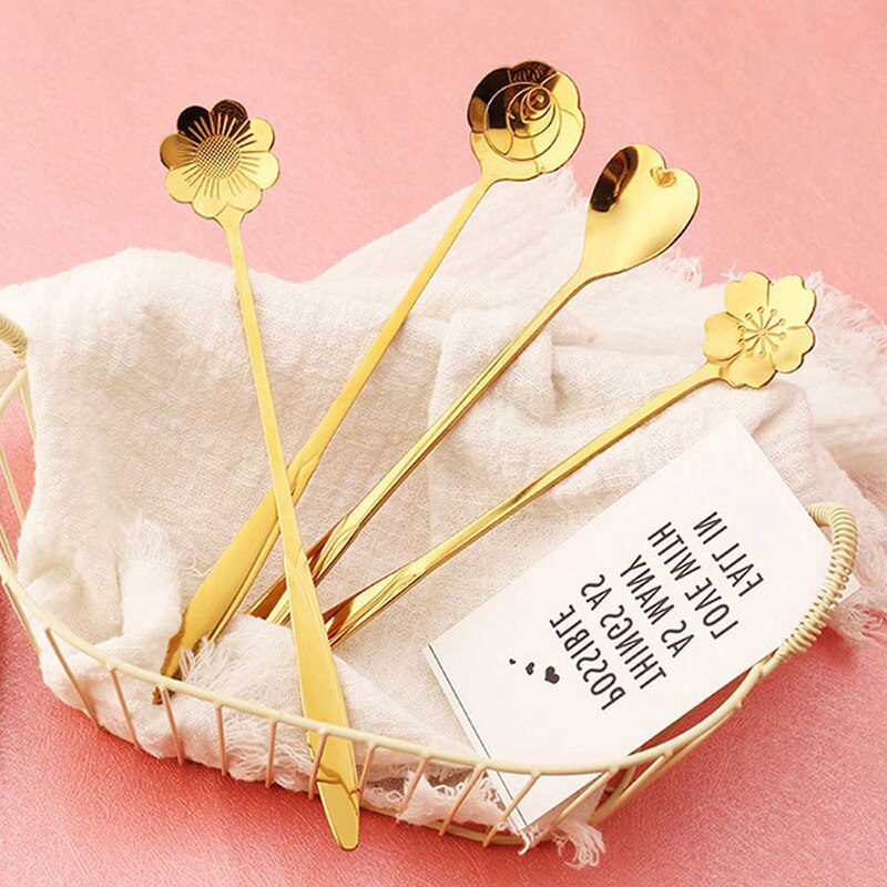 Roestvrij Stalen Lepel Set Met Lange Handvat Bloemen Hartvorm Ice Thee Koffie Lepel Dessertlepel Keuken Drinken Servies