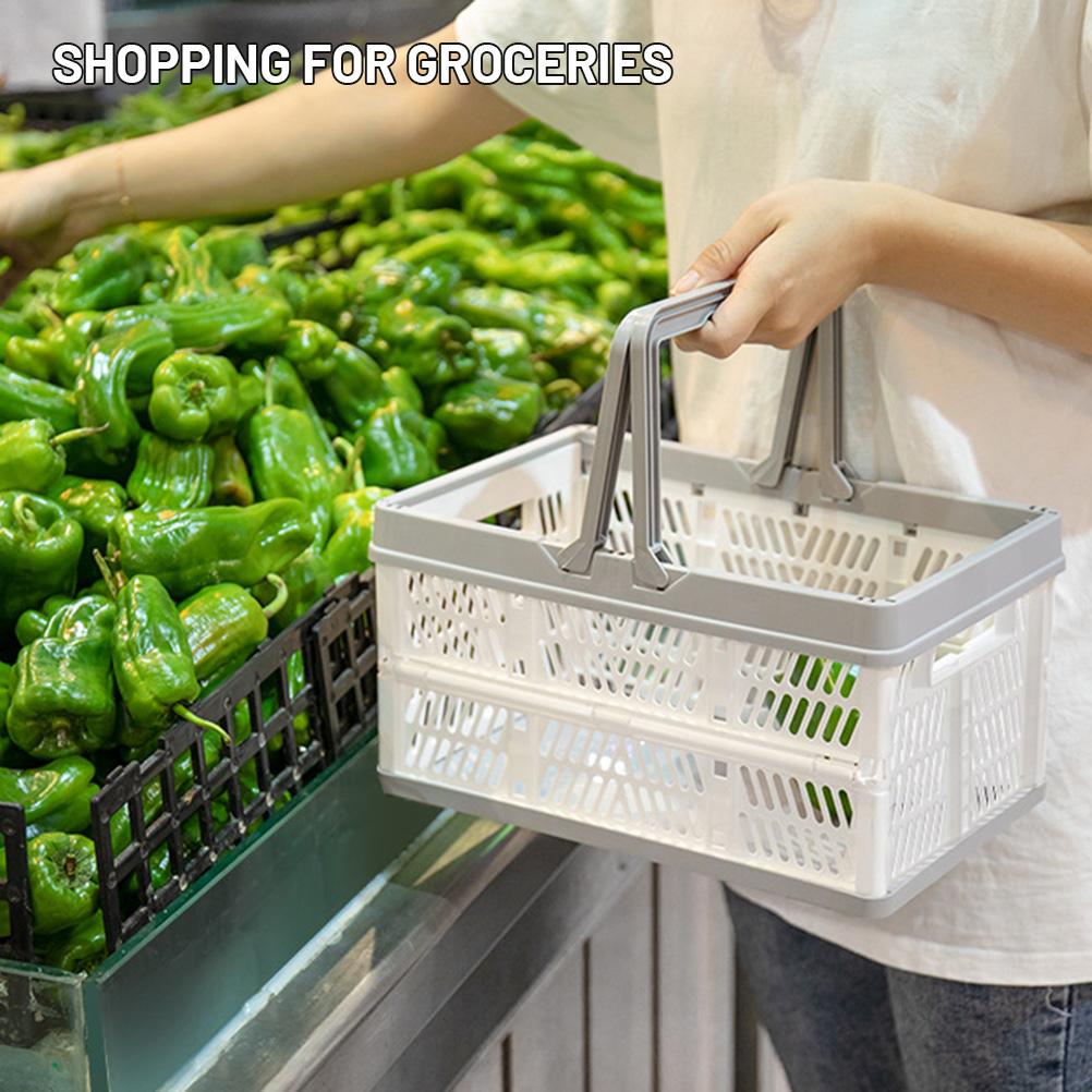 Collapsible Shopping Basket Plastic Folding Stackable Grocery Crates Storage Containers with Handles for Outdoor Travel Picnic