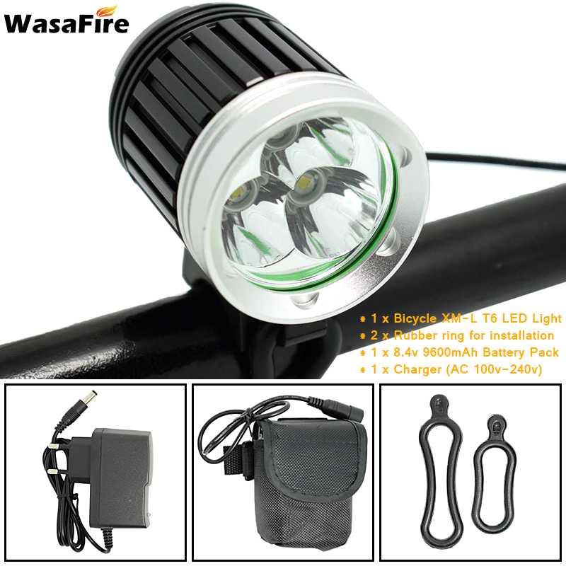WasaFire 3*XML T6 Bicycle Light 4000 Lumen 3 Modes LED Bike Front Light MTB Bike Headlight Headlamp +18650 Battery Pack+Charger: with 9600mah battery