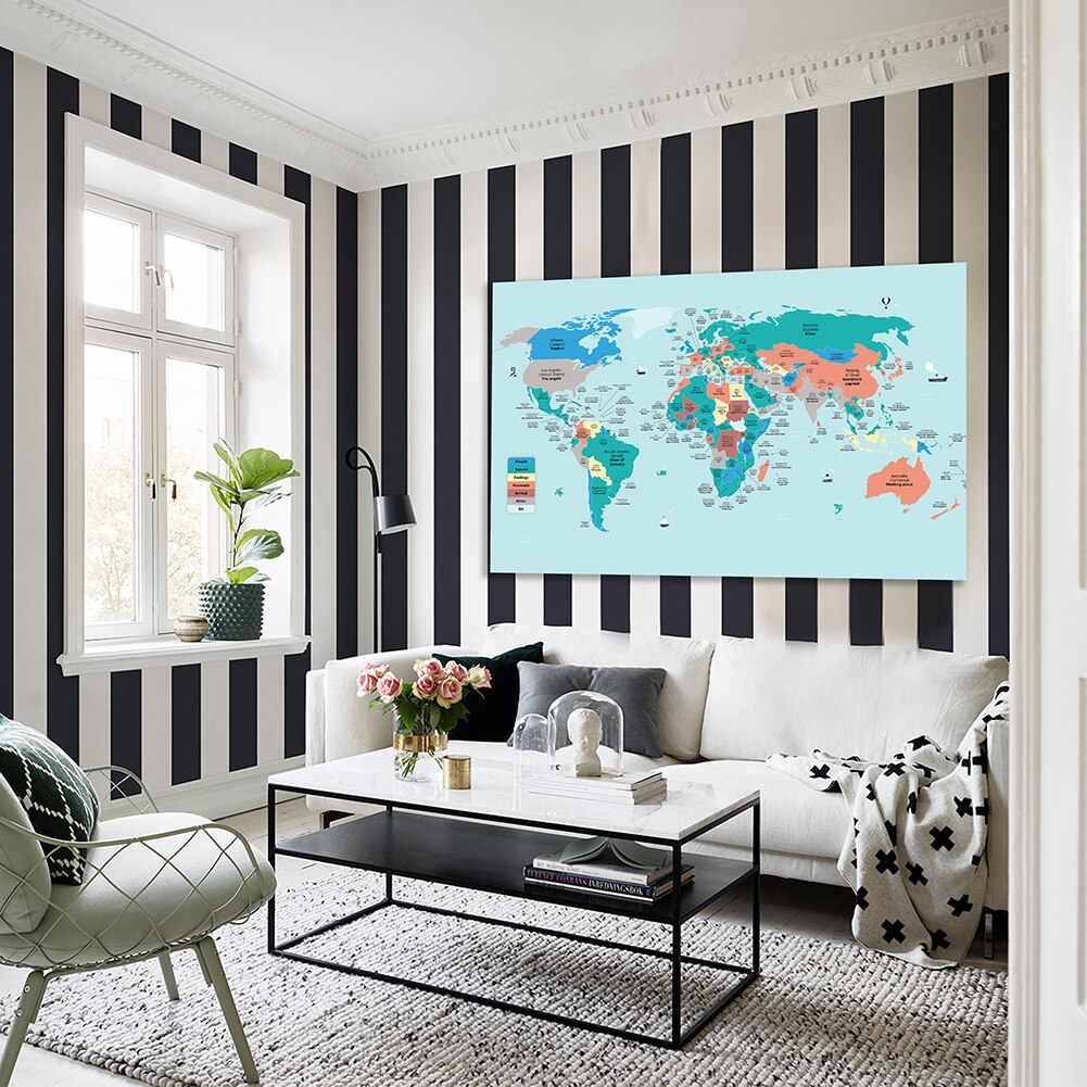 225*150 Cm The World Capitals and Local Language Translation Map Poster Non-woven Canvas Painting Home Decor School Supplies