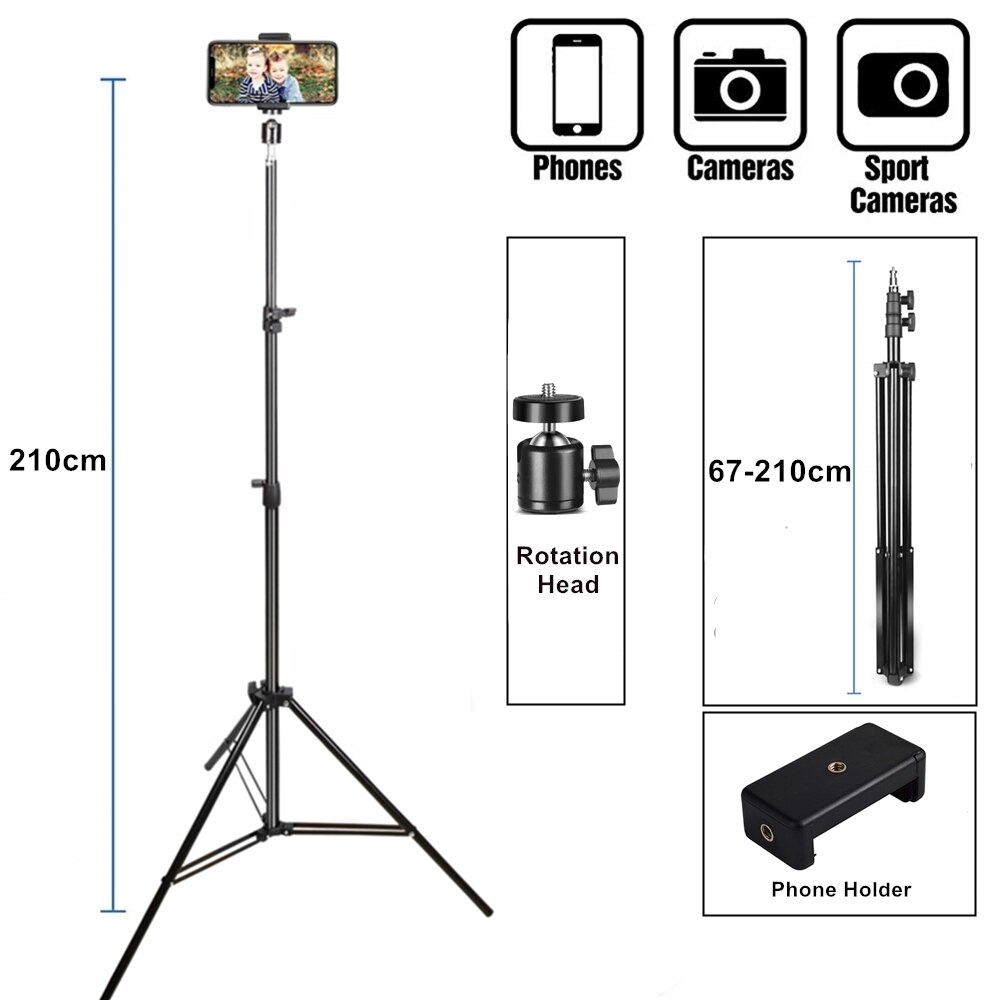 Trépied de support de téléphone portable, anneau de support pour téléphone portable, Kit de vlog Flexible, Selfie: 210cm Tripod