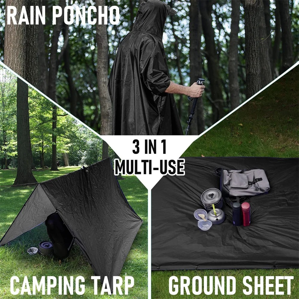 3-in-1 buitenregenjas met capuchon, waterdichte regenponcho, motorfiets regenhoes, kamperen, wandelen, reizen, regenkleding, tent