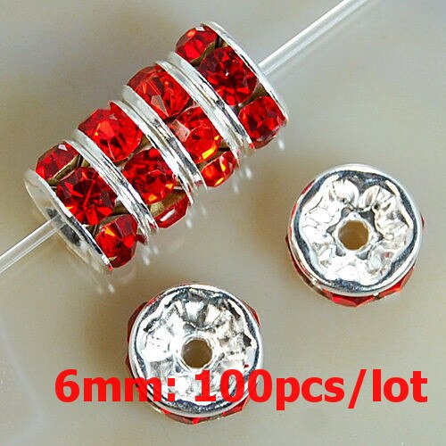 6mm 100 sztuk Metal srebrny Plated kryształ Rhinestone Rondelle koraliki dystansowe luzem koraliki dla DIY akcesoria do wyrobu biżuterii Supplie: Red