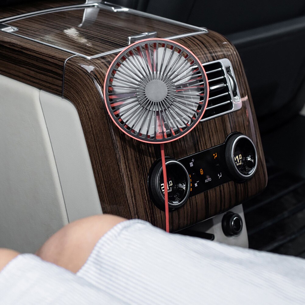 Ventilador giratorio de 360 grados para coche, luces LED de colores y potencia USB, ventilador de aire de refrigeración potente montado en la rejilla de ventilación