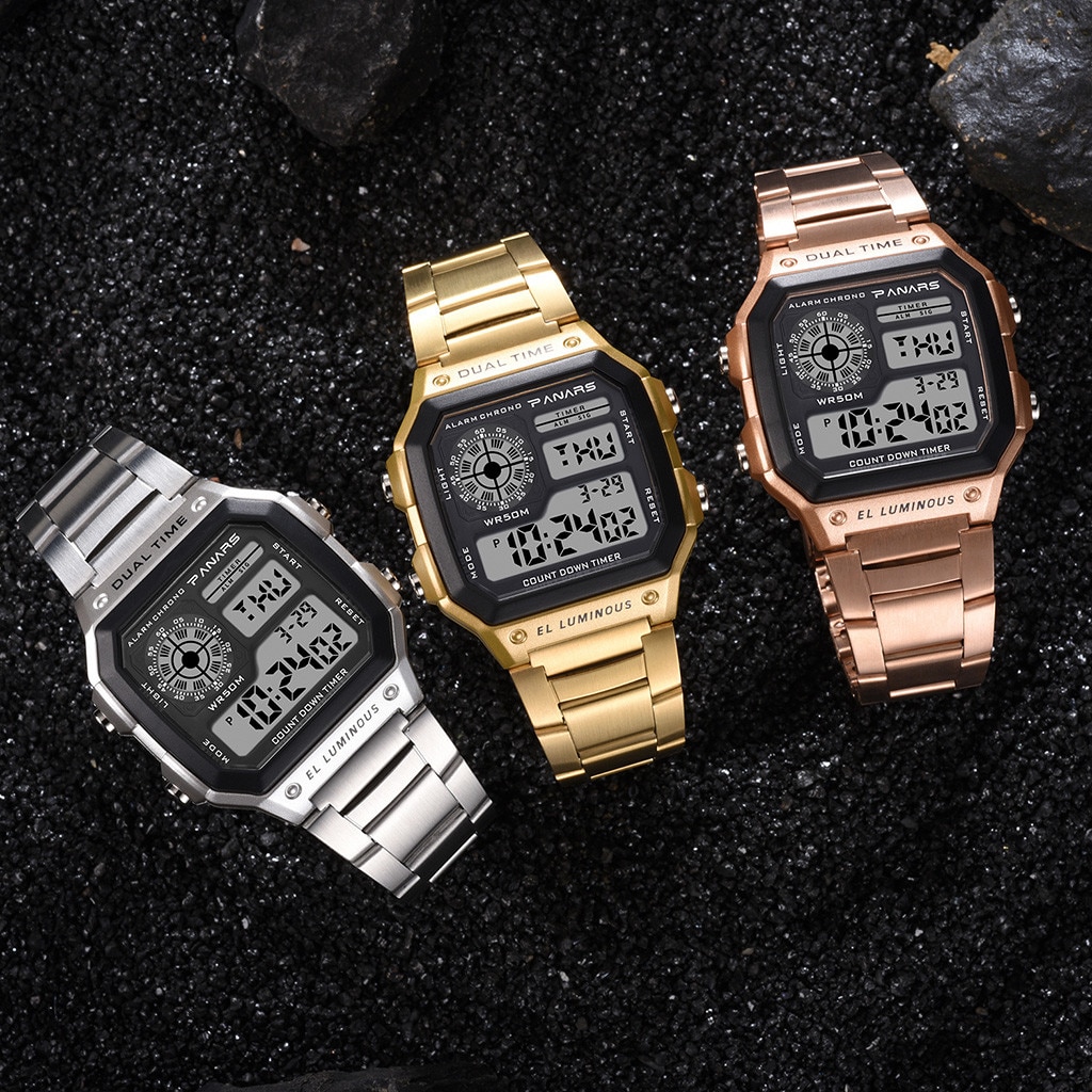 Rvs Horloge Mannen Waterdichte Multifunctionele Sport Horloge Vierkante Elektronische Horloge Luxe Armband Klok Zegarki