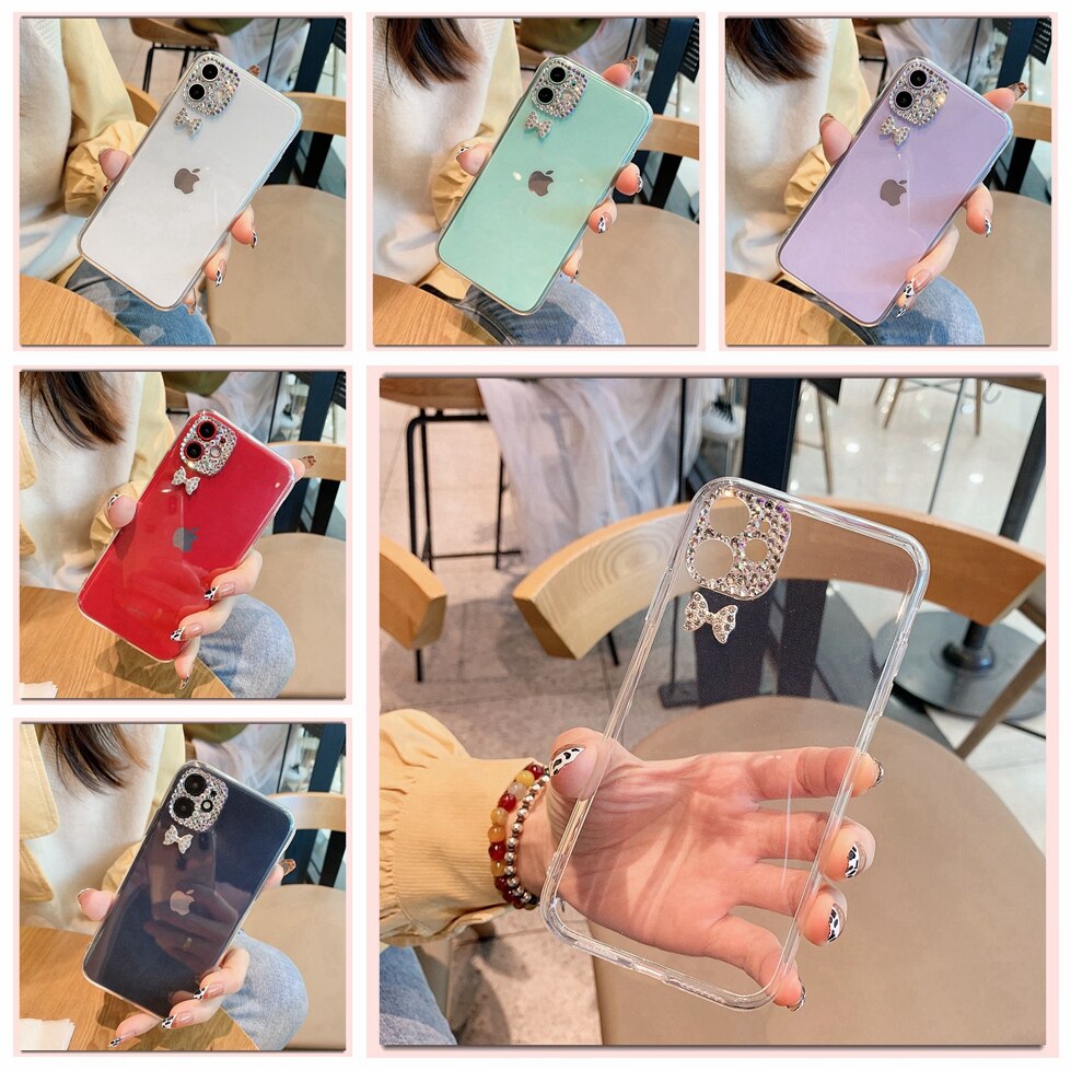 Coque de Protection transparente en TPU pour iPhone, compatible modèles 11, 12 Pro Max, X, XR, XS, 7, 8 Plus, 12 Mini coque avec caméra diamant et papillon