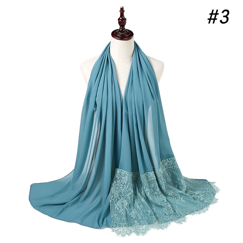Vrouw Vlakte Kant Sjaal Buble Chiffon Moslim Sjaal Moslim Effen Kleur Lady Uitlaat Luxe Foulard Hijaabs
