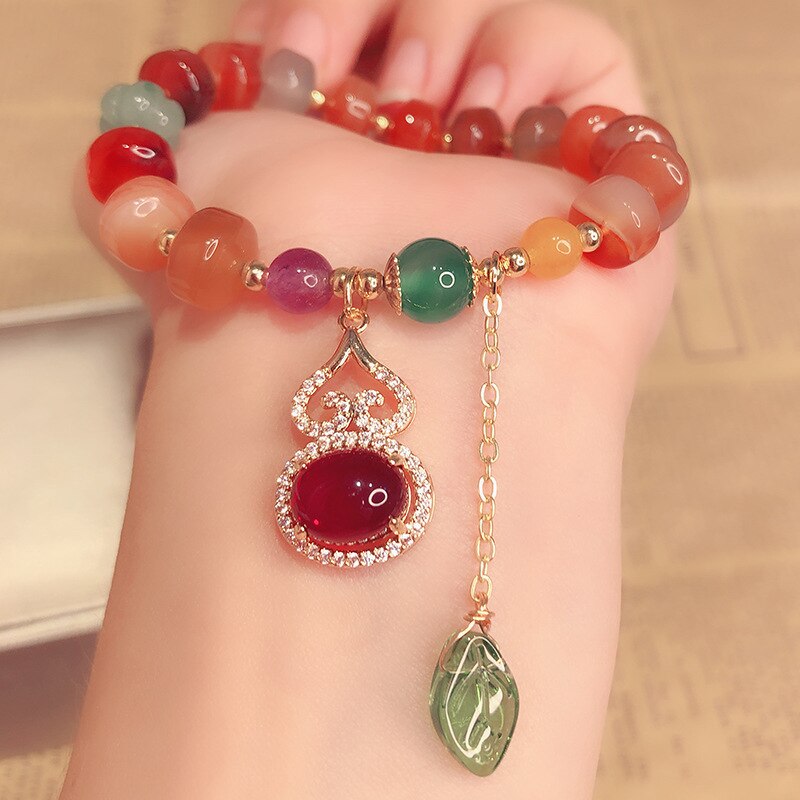 Natural Agate Beaded bracelet For Women Gourd Leaf Pendant Bracelets &amp; Bangles Bijoux Women Cinnabar Jade Fine Lucky Jewelry: Agate beads