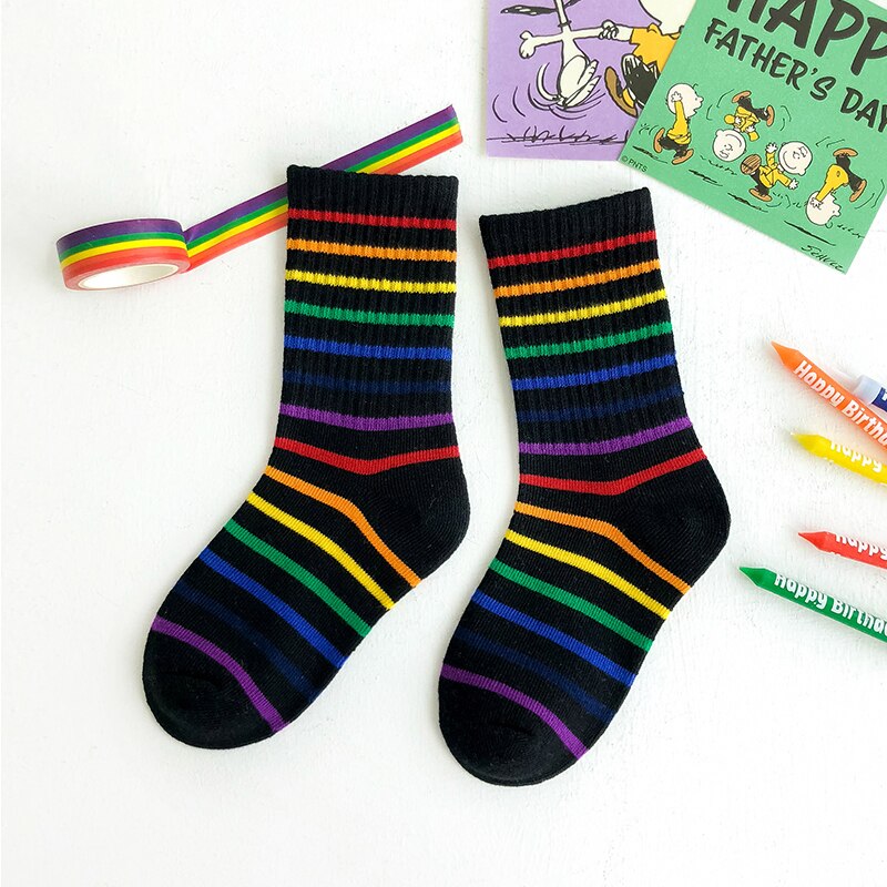 Kids Knee High Rainbow Socks Spring Summer Toddler Child Girls Boys Cotton White School Socks Stripe Long Sock Baby Accessories: 2 / L(6-8 years old)