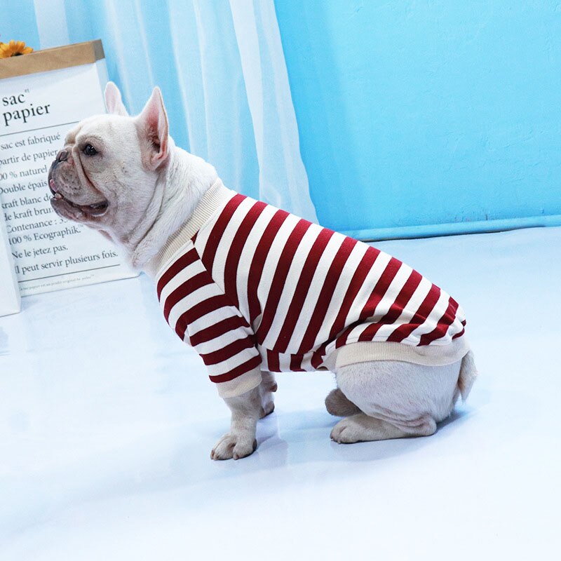 Stripete kjæledyrklær fransk bulldog feit hundeklær mopper hunder kostyme bomullsgenserskjorte varm hund vinterklær til katthunder: Rød / Xl