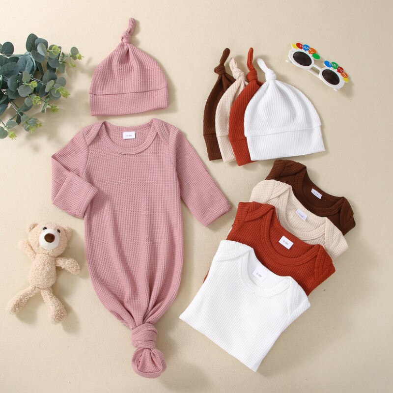 Conjunto de 2 piezas para niños y niñas recién nacidos, saco de dormir de manga larga con cuello redondo y gorro anudado, Color sólido, primavera y otoño