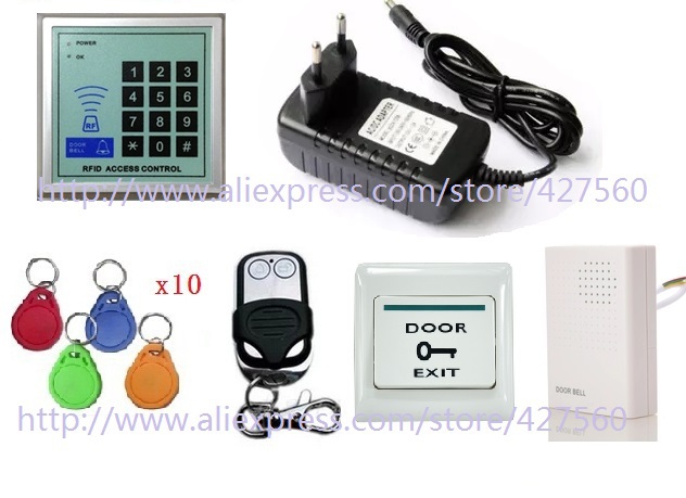 12 khz RFID Toegangscontrole Toetsenbord keyfob + voeding + Draadloze Afstandsbediening + 12 v deurbel voor deur toegangscontrole