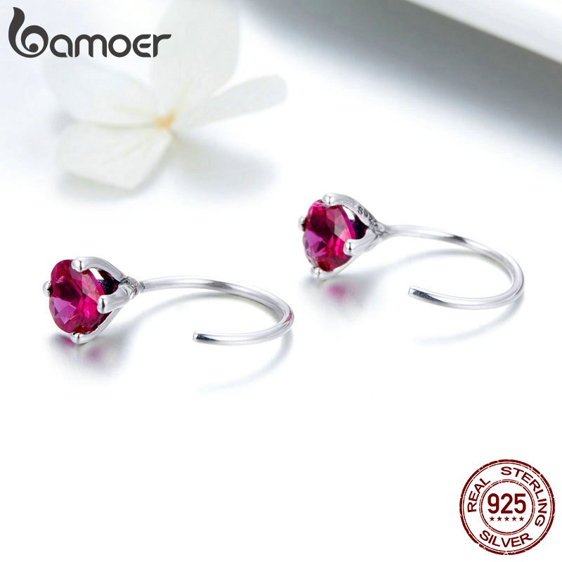 BAMOER romantique 925 en argent Sterling battement de coeur forme rose rouge CZ boucles d'oreilles pour les femmes bijoux en argent SCE531