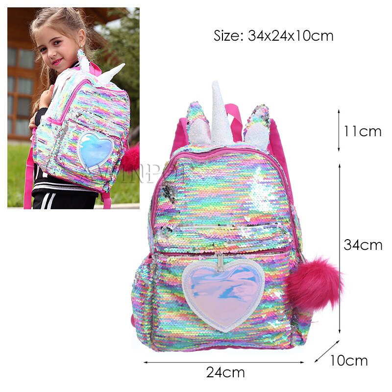 Mermaid Sequin Backpack for Girls Children Large 3D Cartoon Unicorn School Bag Teenager Hologram Heart Love Backpack: 16