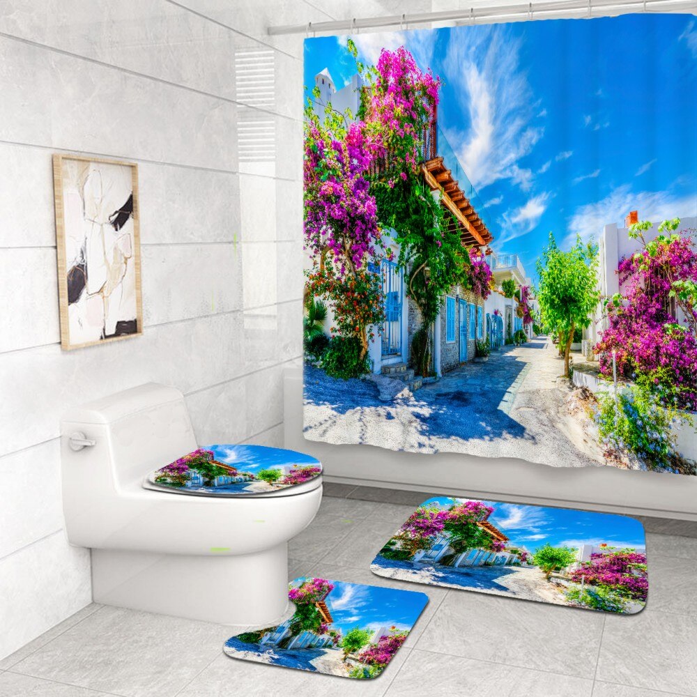 4 Piece Tropical Beach Bathroom Set Seaside Scenic Area Sunset Print Waterproof Shower Curtain Bath Rug Mats Set Toilet Cover