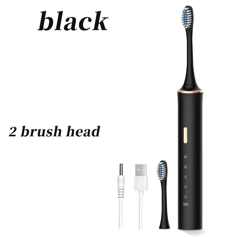 Smart electric toothbrush adult students soft hair automatic USB charging ultrasonic couples brushing comfortable and healthy: black 2Heads