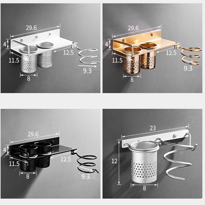 Gold Hair Dryer Holder Space Aluminium Bathroom Wall Shelf Hair Dryer Rack with Basket bathroom shelves Bathroom Accessories