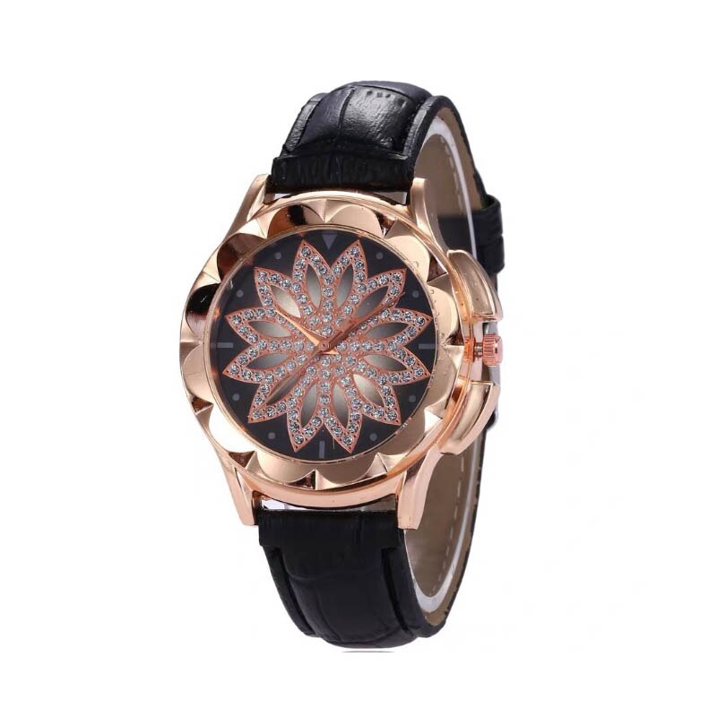 Luxe dames armbandhorloge leren band polshorloge bloem kristal strass quartz horloges casual damesklok: Zwart