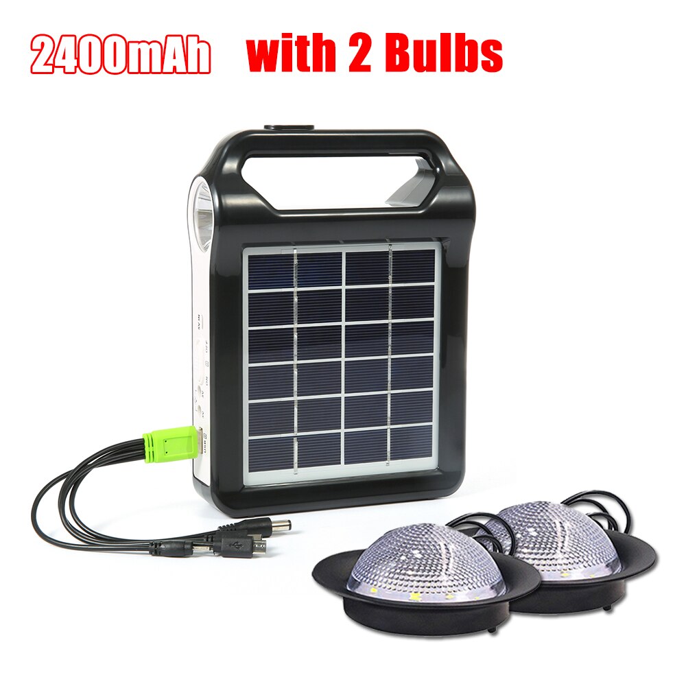 Generador Solar portátil para exteriores, sistema de energía Solar recargable de 6V con linterna, fuente de alimentación de emergencia para iluminación y Camping: 2400mAh 2 Bulbs