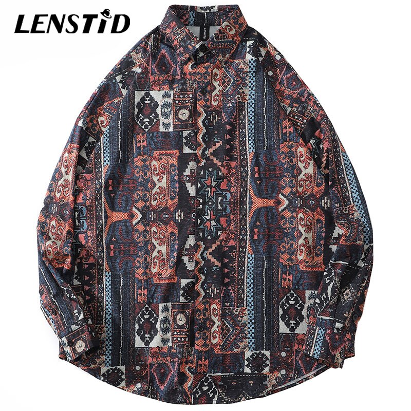 LENSTID Mens Hip Hop Hawaiian Beach Shirt Vintage Pattern Harajuku Streetwear Casual Long Sleeve Oversize Aloha Shirts