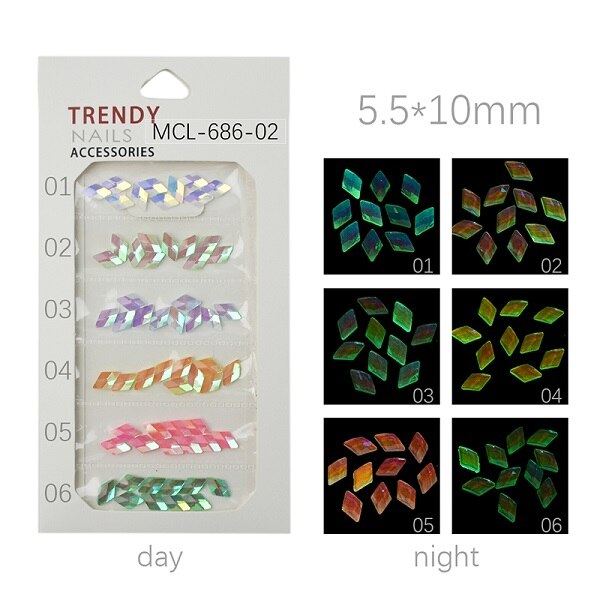 Mix 60pcs Fluorescerende Glas Nail Rhinestones Set Lichtgevende Plaksteen Diamant Vierkante Kristallen Glow In The Dark Gems Art Decoraties: MCL-686-02