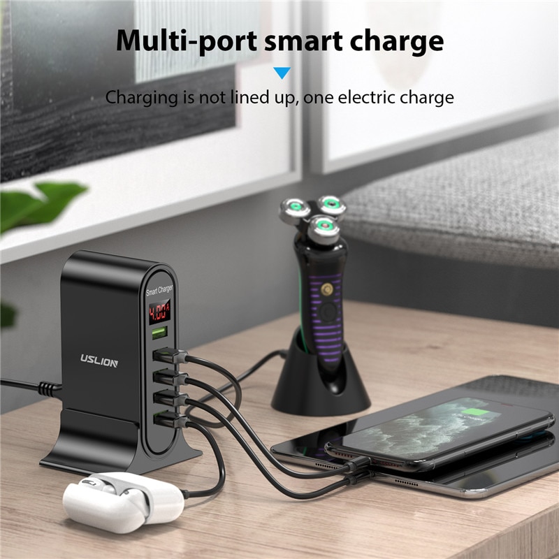 Uslion 5 Poorten Usb Charger Hub Led Display Multi Usb Opladen Station Desktop Muur Thuis Eu Uk Plug Voor Iphone xiaomi Samsung