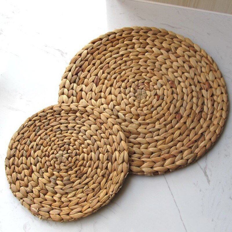 Natural Table Mat Handmade Water Hyacinth Woven Placemat Round Braided Mat Heat Resistant Insulation Anti-Skidding Pad