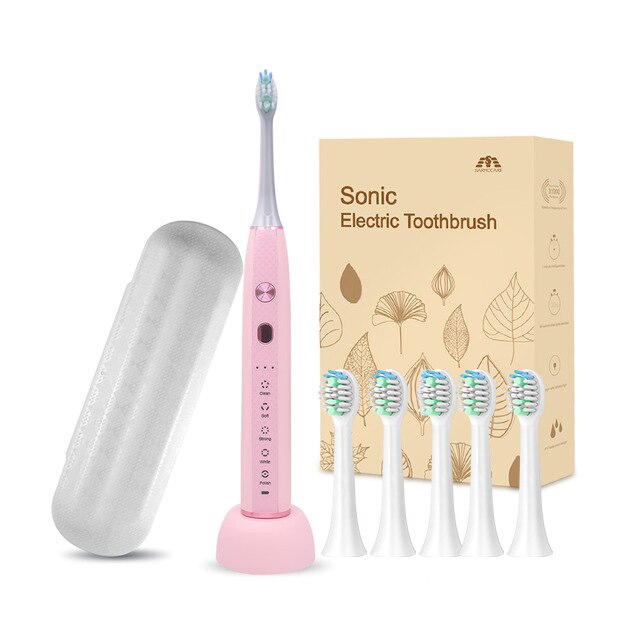Sarmocare ultrasonic sonic elektrisk tandbørste genopladelig  s600 5 modeller trådløs ipx 7 vandtæt vibrator til tandbørster: 1 pink med 4 hoveder