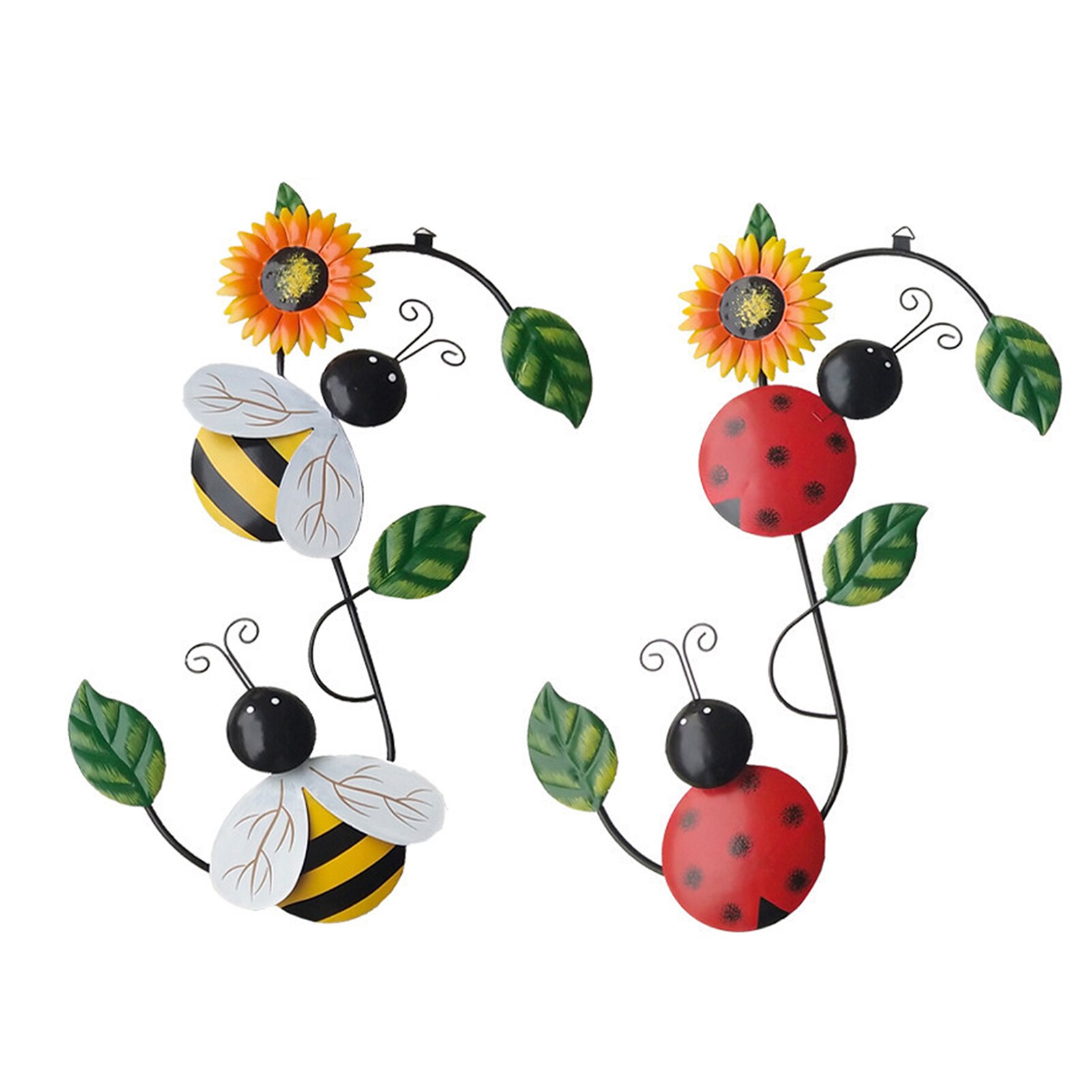 3D Wall Decoration Metal Bee Iron Bug For Home Garden Wall Decor Art Decorative Sculpture With Green Leaf