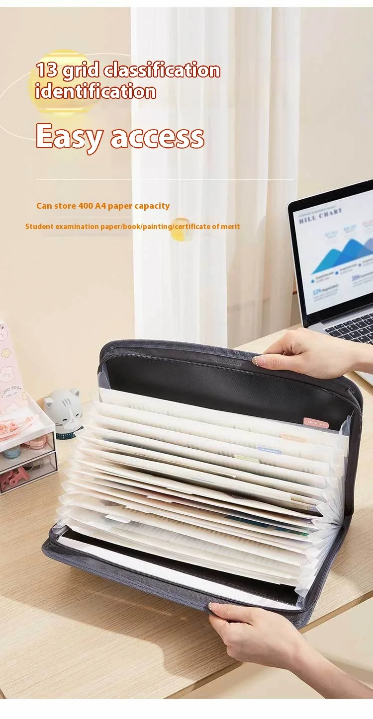 Accordion File Organizer with Safe Zipper, 13 Pocket Expanding File Folder with Front Pencil Pouch, School Office Supplies