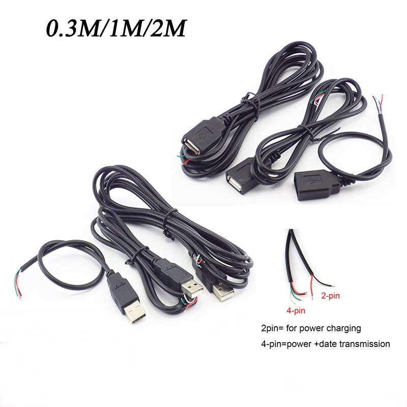 Usb-kontakt hane honkabel 4 stifts tråd datakabel förlängningssladd 2 stifts strömförsörjning för gör-det-själv 5v adapterladdning 0.3m 1m 2m