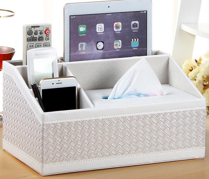 Multifunctional Desk Organizer Pad Notebook File Box Holder-Business Card/Pen/Pencil/Mobile Phone/Stationery Storage Organizer: White Woven