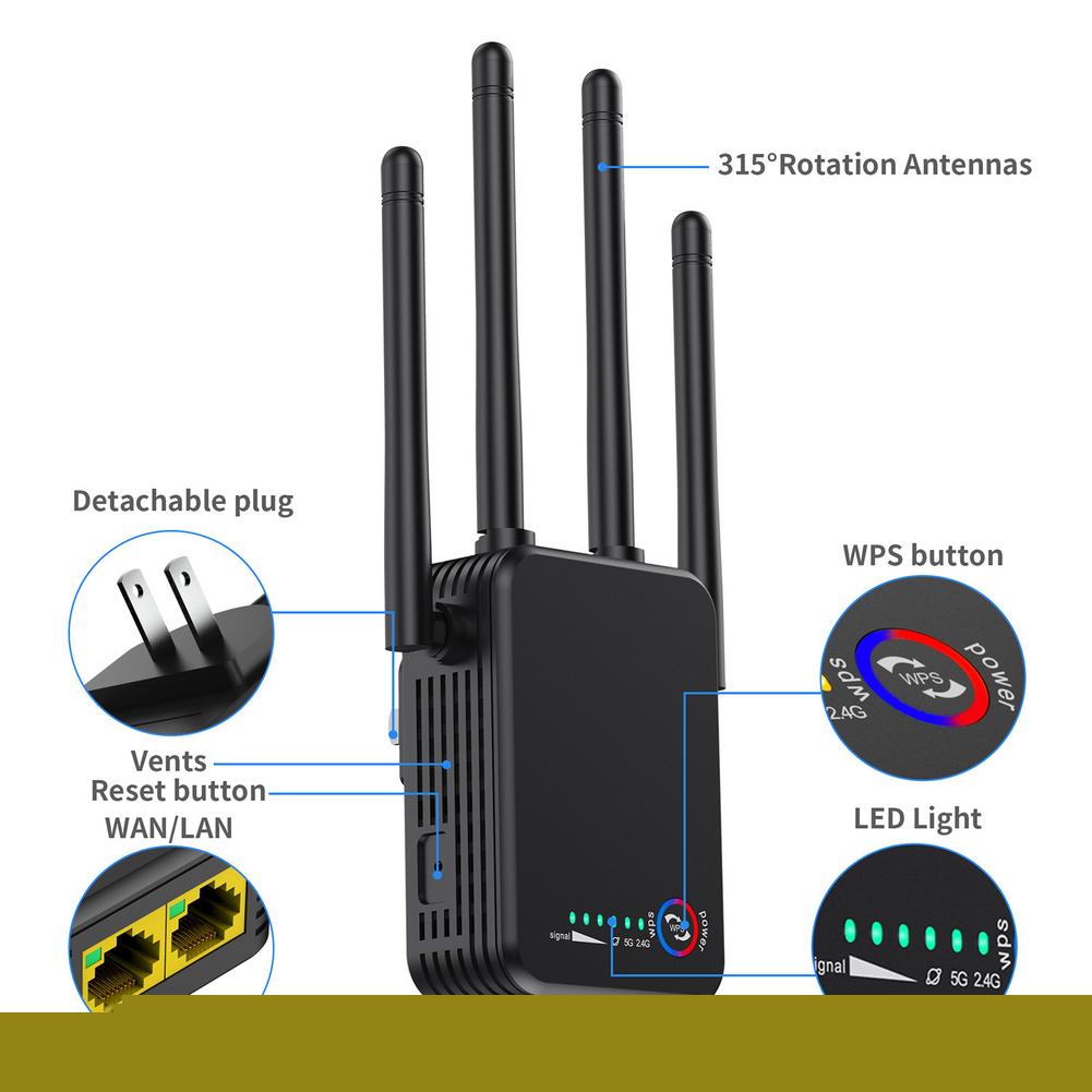 5G Wifi Repeater WiFi Long Range Extender Router Wireless Wi-Fi Signal Amplifier 1200M WiFi Booster 2.4G 5Ghz Wi Fi Amplifier