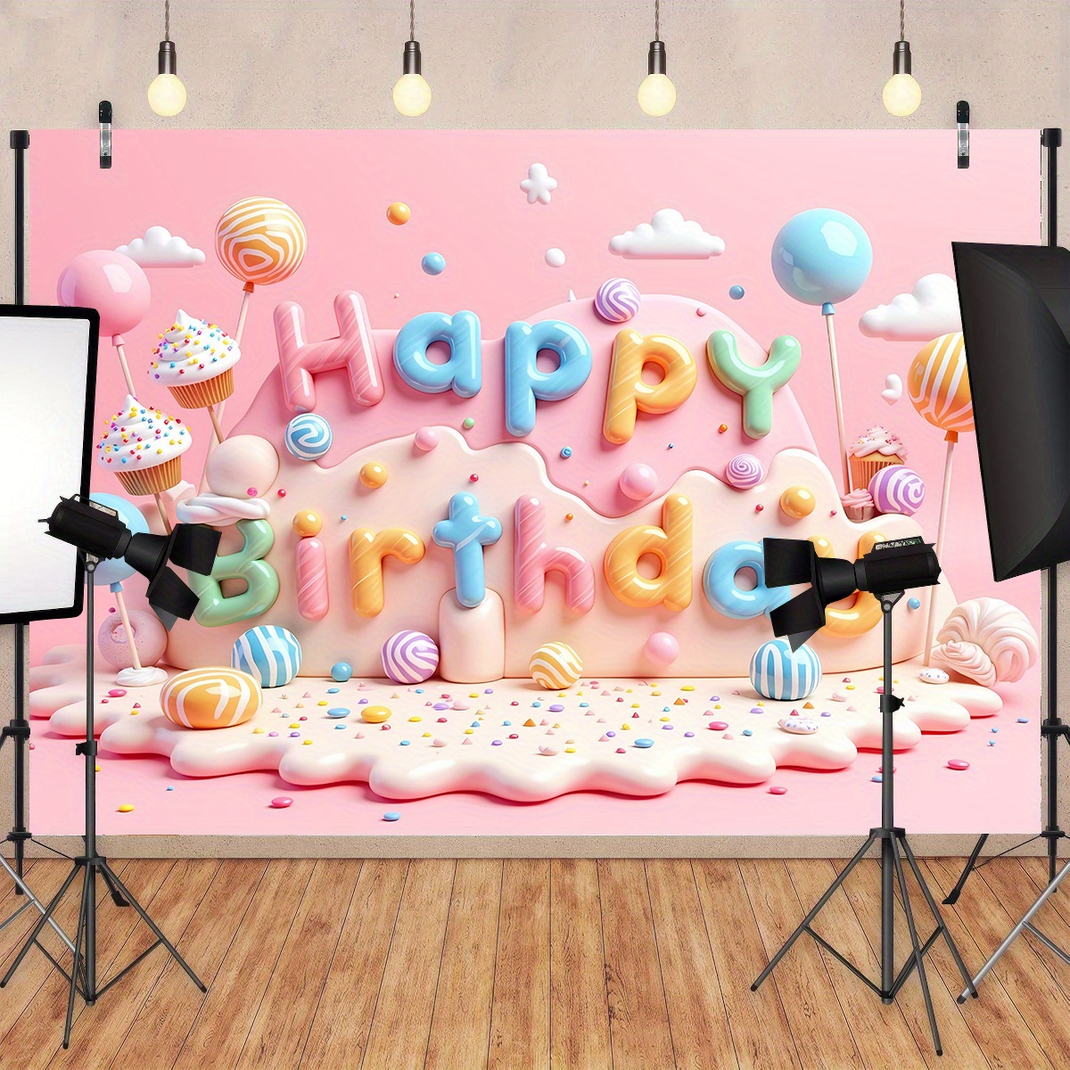 Fondo de tela Feliz cumpleaños decoración de pared banner banner con globos, dulces y pasteles rosa claro