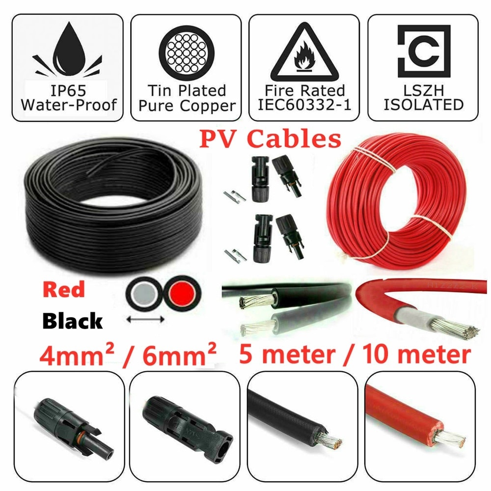 Solar Kabel 5M/10M Rood Zwart Zonnepaneel Pv Kabels Dc 4mm ²/6mm ² Dubbele geïsoleerde Met Optionele 2 Stuks Pv Connector