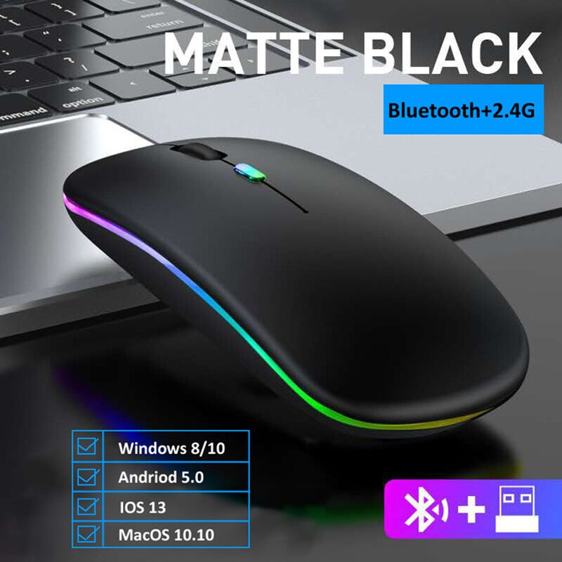 Mouse Wireless USB ricaricabile Mouse RGB compatibile con Bluetooth Mouse ergonomico silenzioso con retroilluminazione per PC portatile ipad: Dual mode-Black
