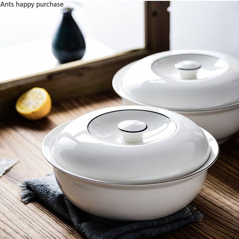 Grand bol à soupe avec couvercle en céramique blanche, assiette ronde, Pot à soupe, bol à nouilles, vaisselle décorative, bols de service